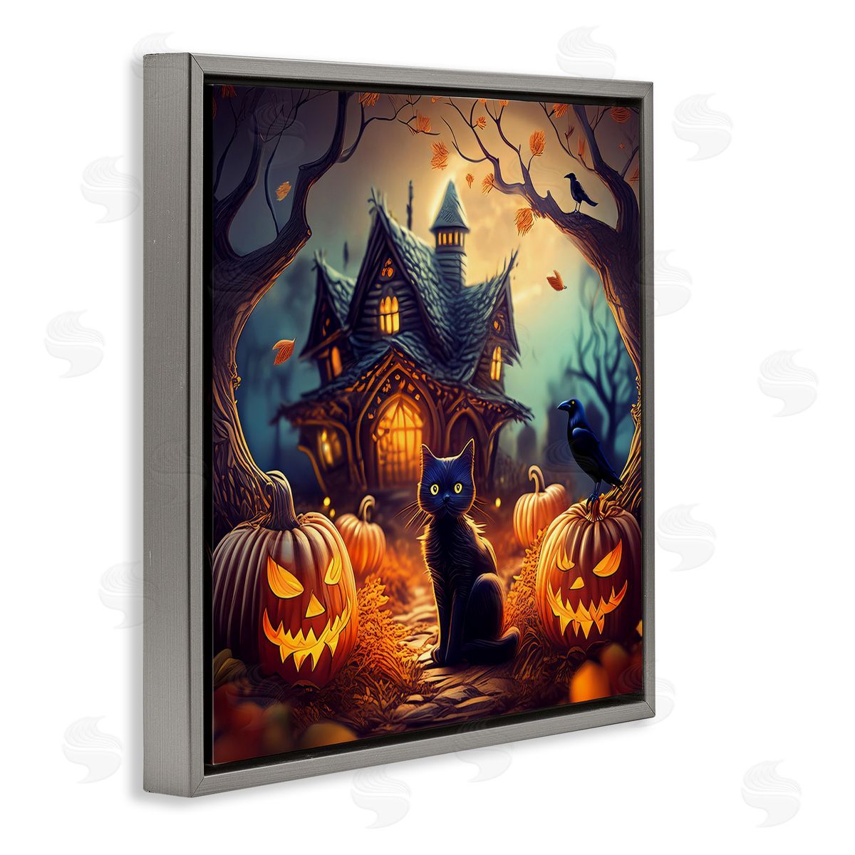 Haunted House & Black Cat Grey Floating Frame Canvas Wall Art, Home Decor by Alina Georgescu