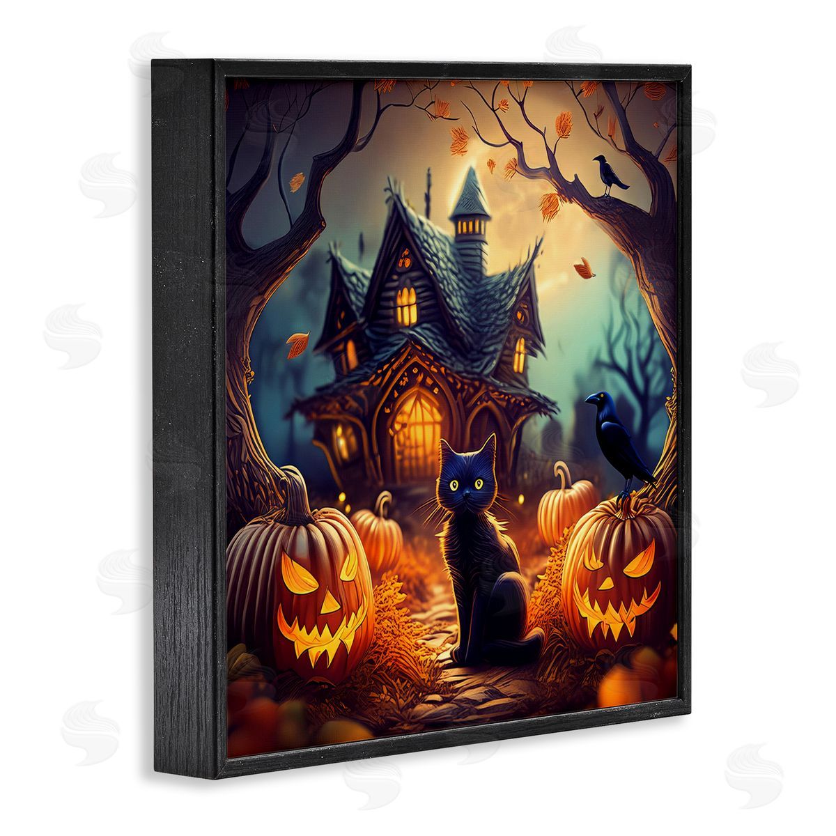Haunted House & Black Cat Black Frame Print Wall Art, Home Decor by Alina Georgescu