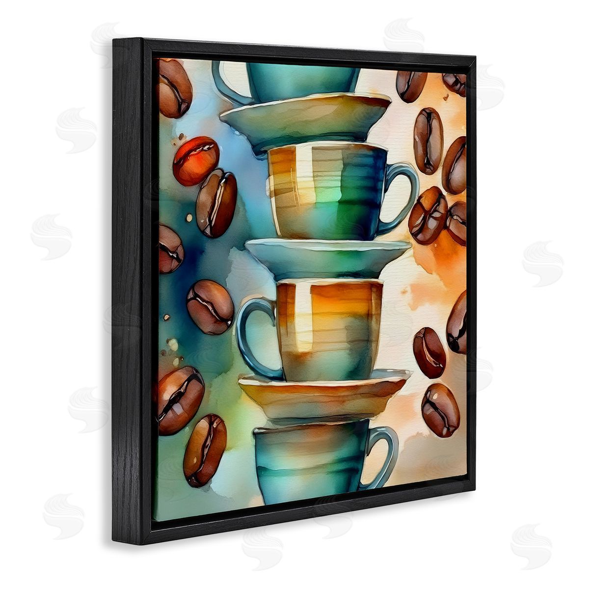 Coffee Beans & Mugs Black Floating Frame Canvas Wall Art, Home Decor by Alina Georgescu