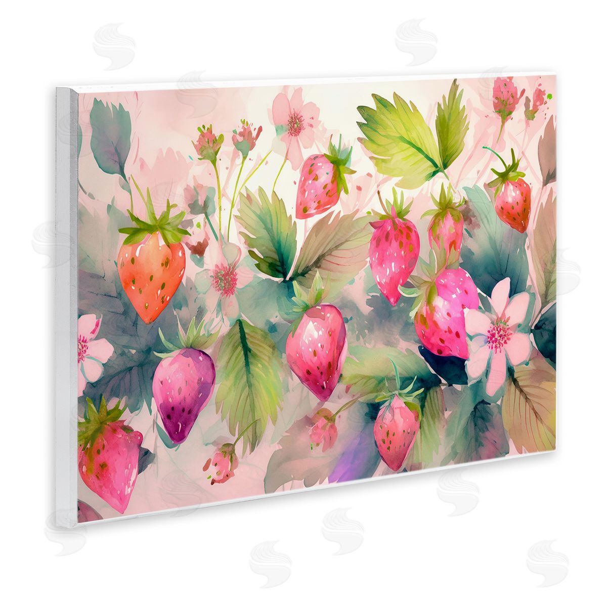 Pink Strawberries & Bloom Wood Plaque Wall Art, Home Decor by Alina Georgescu
