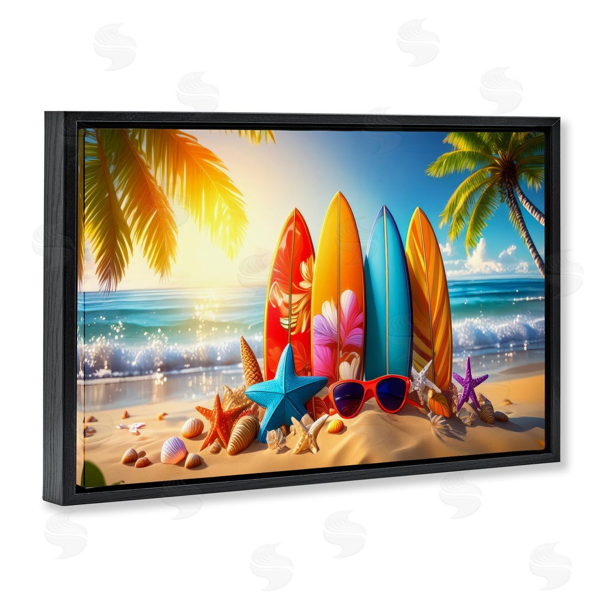 Tropical Surf & Turf Black Floating Frame Canvas Wall Art, Home Decor by Alina Georgescu