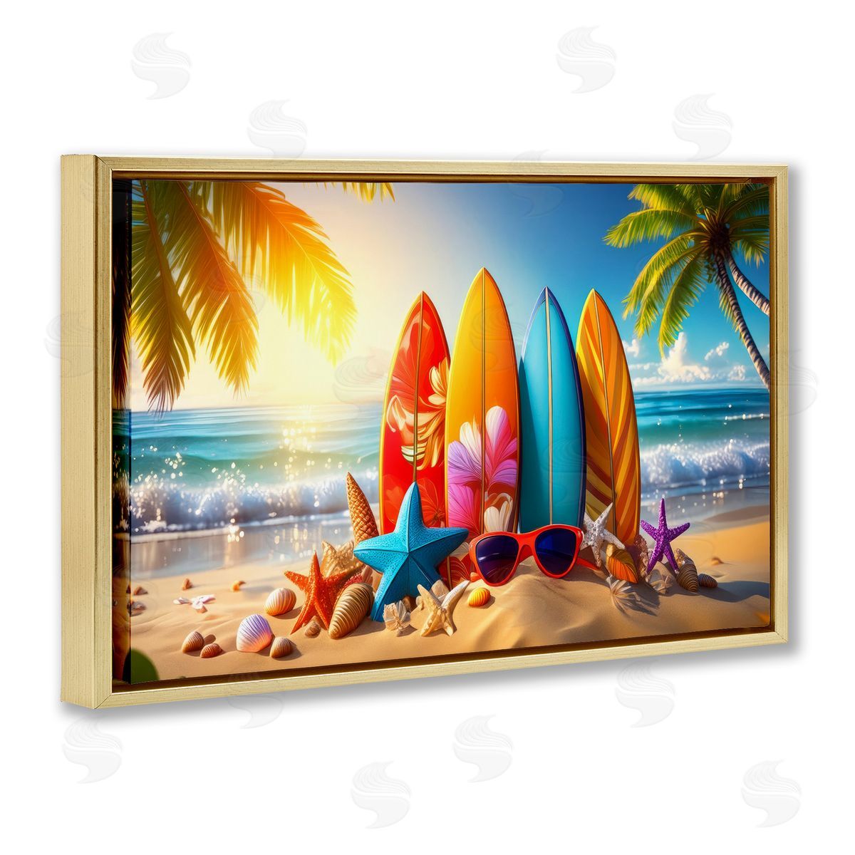Tropical Surf & Turf Gold Floating Frame Canvas Wall Art, Home Decor by Alina Georgescu