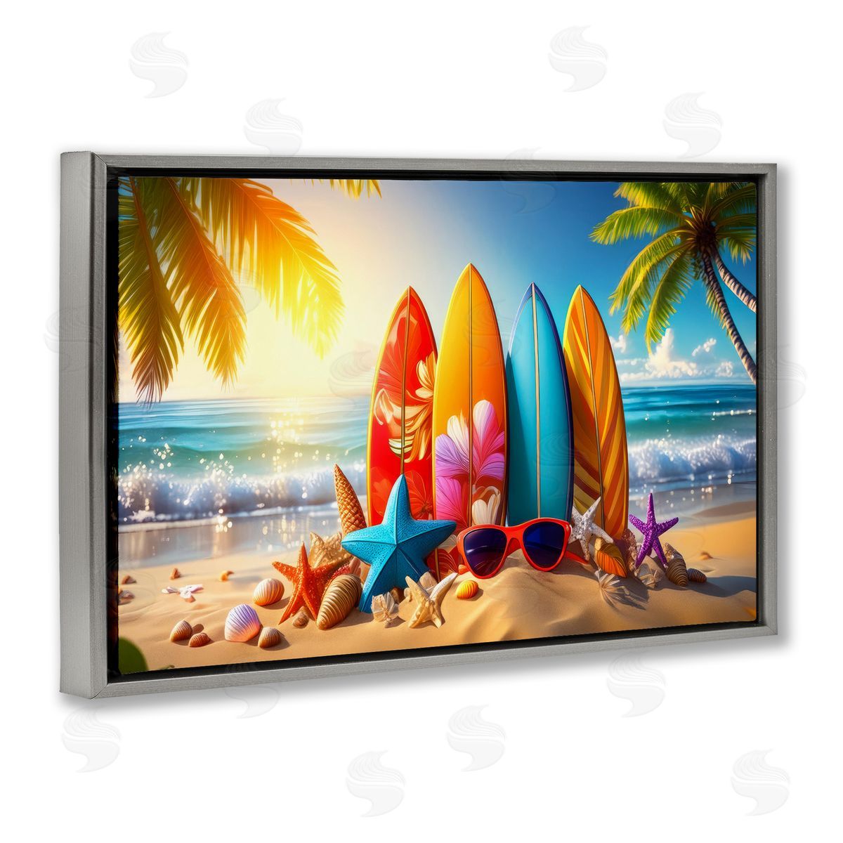 Tropical Surf & Turf Grey Floating Frame Canvas Wall Art, Home Decor by Alina Georgescu