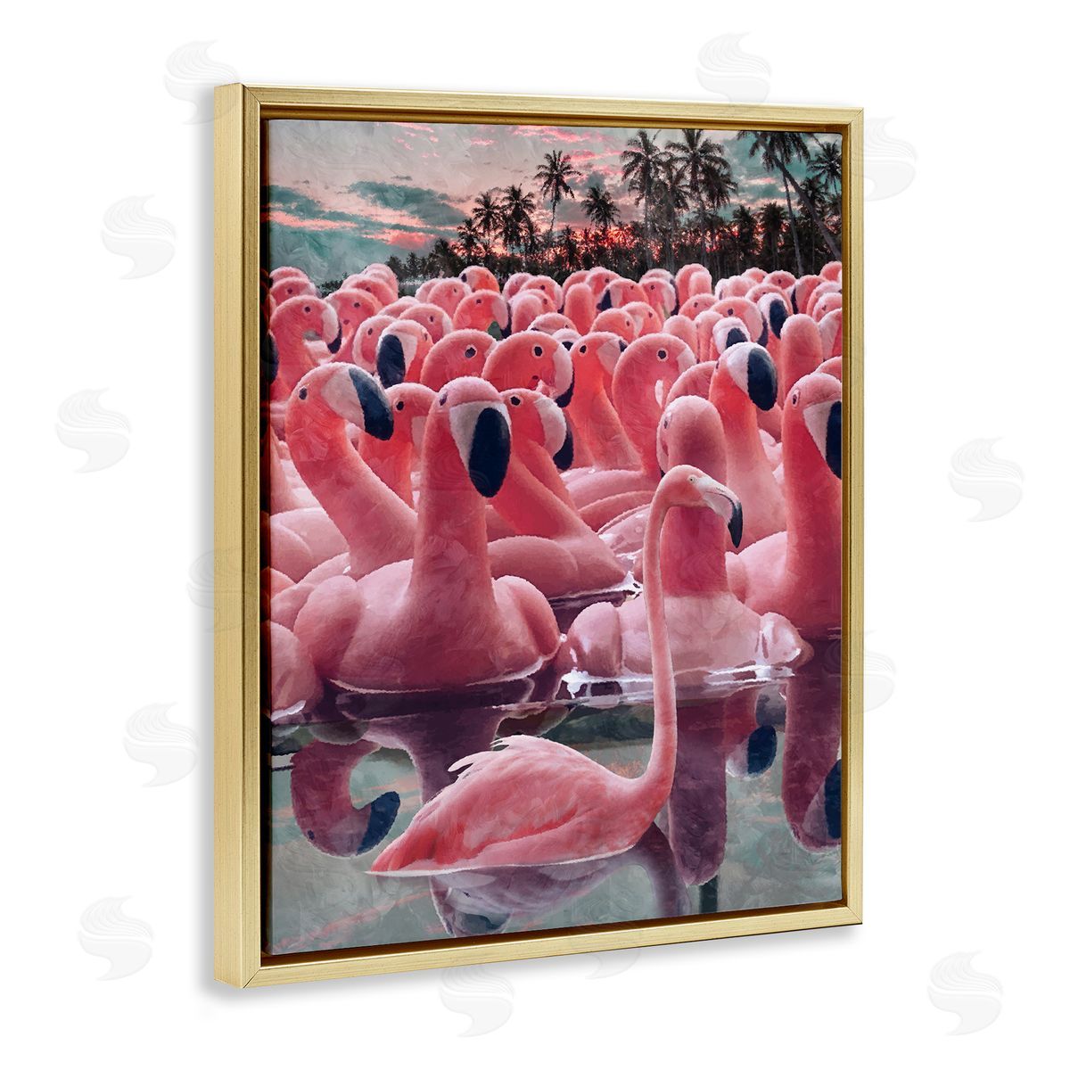Flamingo Among Floats Gold Floating Frame Canvas Wall Art, Home Decor by Ziwei Li
