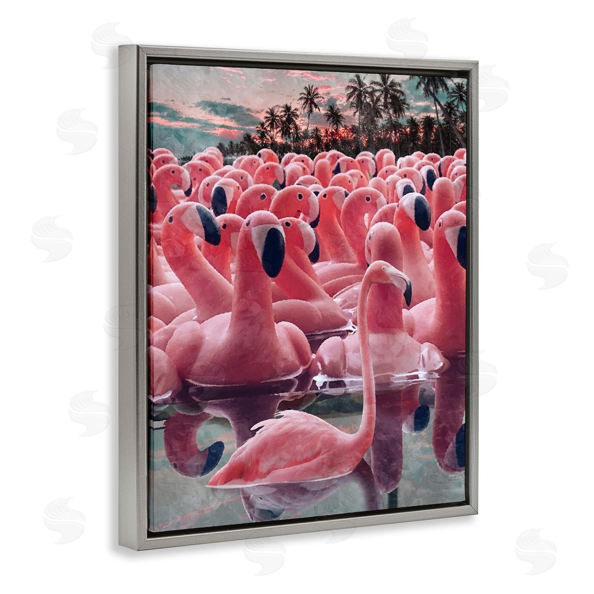 Flamingo Among Floats Grey Floating Frame Canvas Wall Art, Home Decor by Ziwei Li