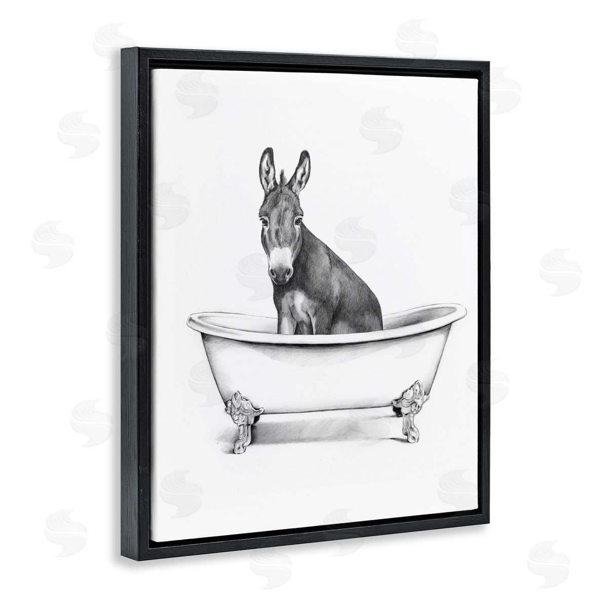 Antique Tub with Donkey Black Floating Frame Canvas Wall Art, Home Decor by Victoria Borges