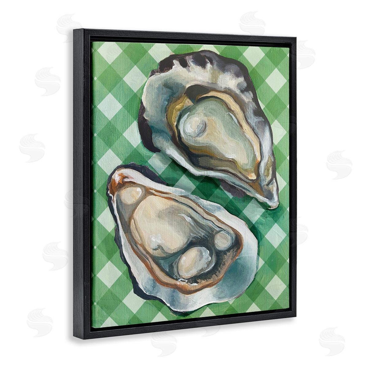Oysters on Green Plaid Black Floating Frame Canvas Wall Art, Home Decor by Stupell Studio