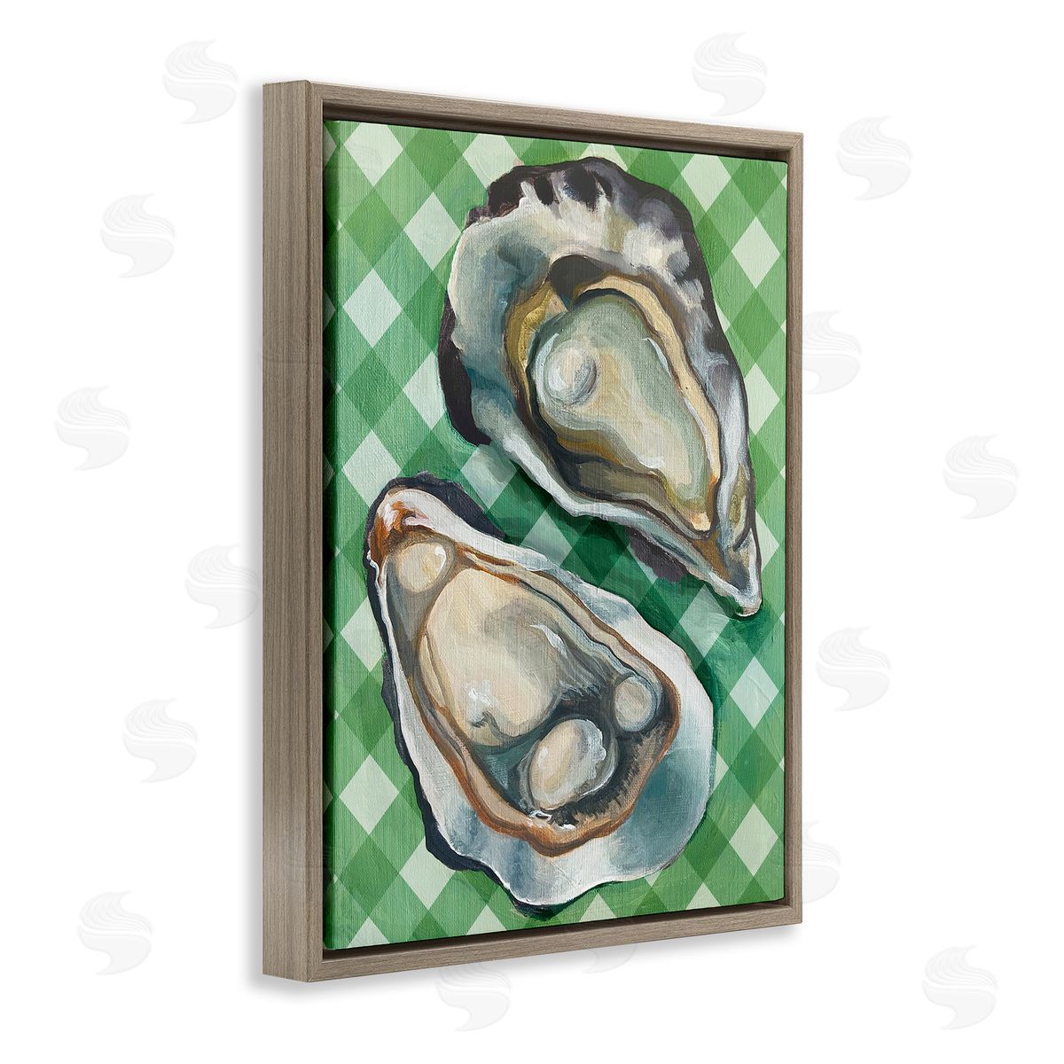 Oysters on Green Plaid Brown Floating Frame Canvas Wall Art, Home Decor by Stupell Studio