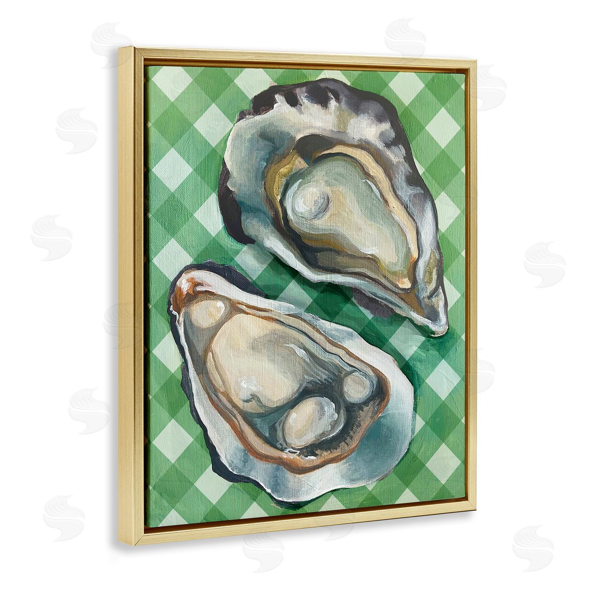 Oysters on Green Plaid Gold Floating Frame Canvas Wall Art, Home Decor by Stupell Studio