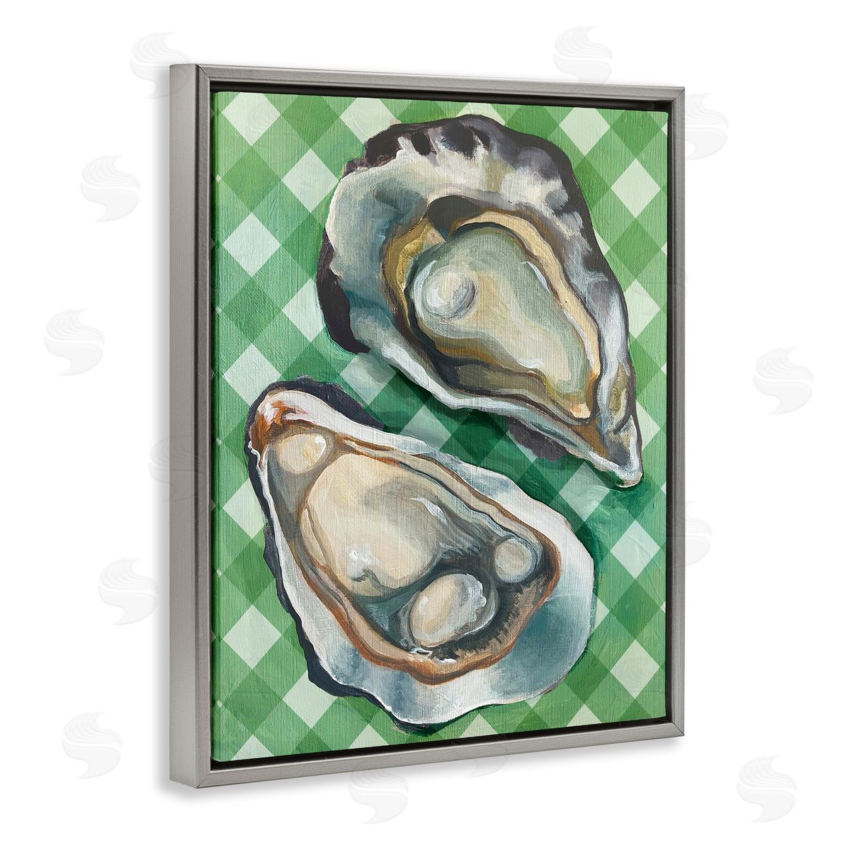 Oysters on Green Plaid Grey Floating Frame Canvas Wall Art, Home Decor by Stupell Studio