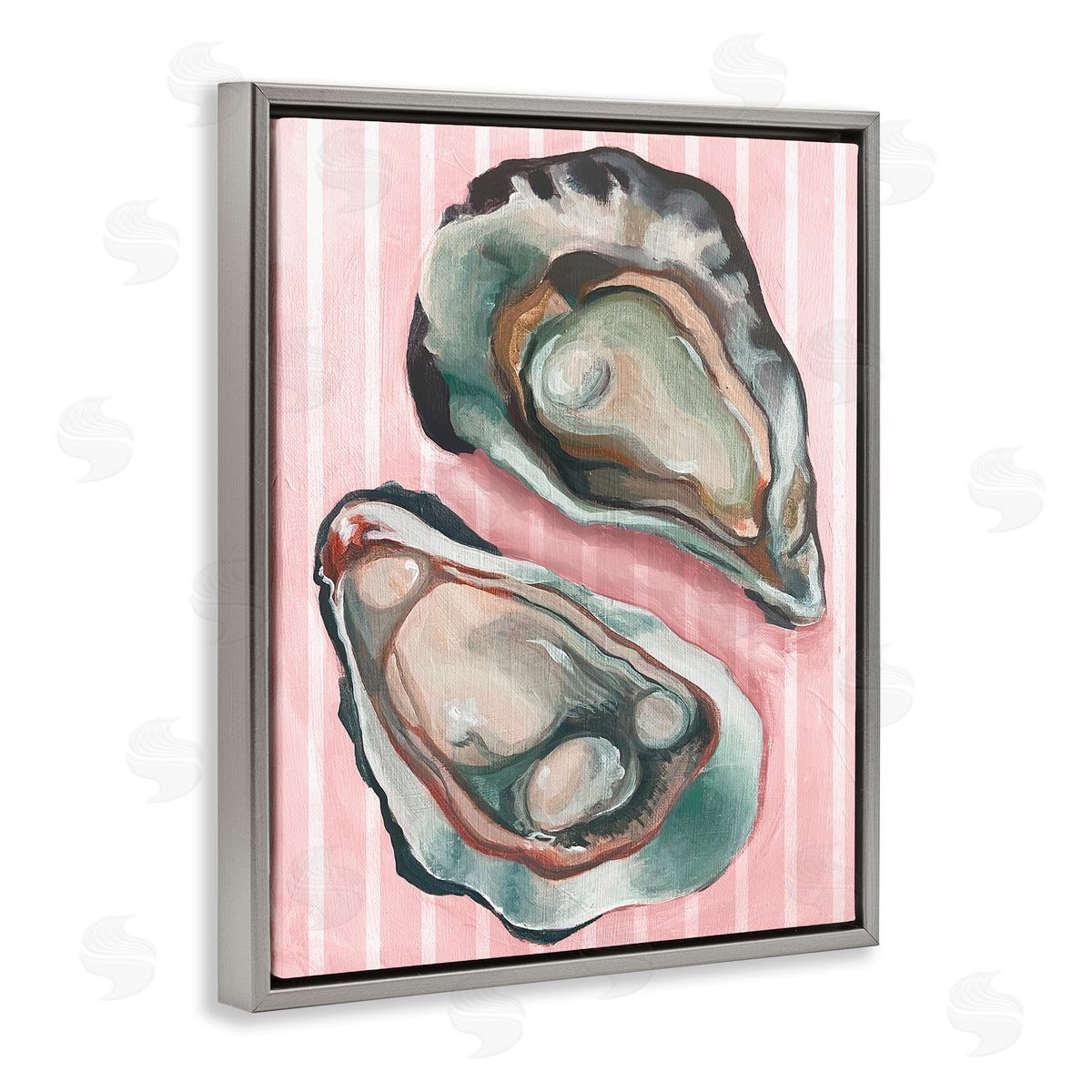 Oysters on Pink Stripes Grey Floating Frame Canvas Wall Art, Home Decor by Stupell Studio