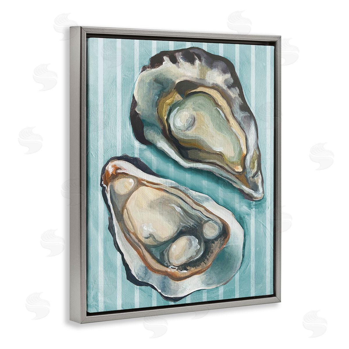 Oysters on Blue Stripes Grey Floating Frame Canvas Wall Art, Home Decor by Stupell Studio