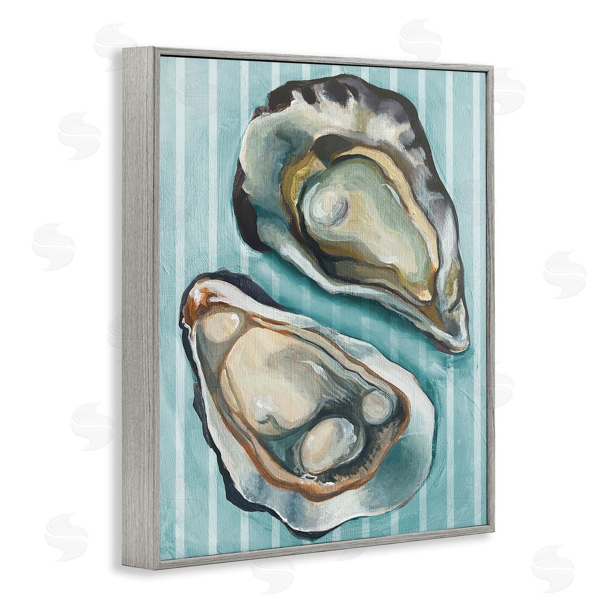 Oysters on Blue Stripes Grey Frame Print Wall Art, Home Decor by Stupell Studio
