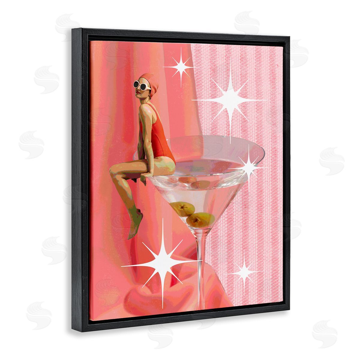 Vintage Swimmer on Drink Black Floating Frame Canvas Wall Art, Home Decor by Stupell Studio