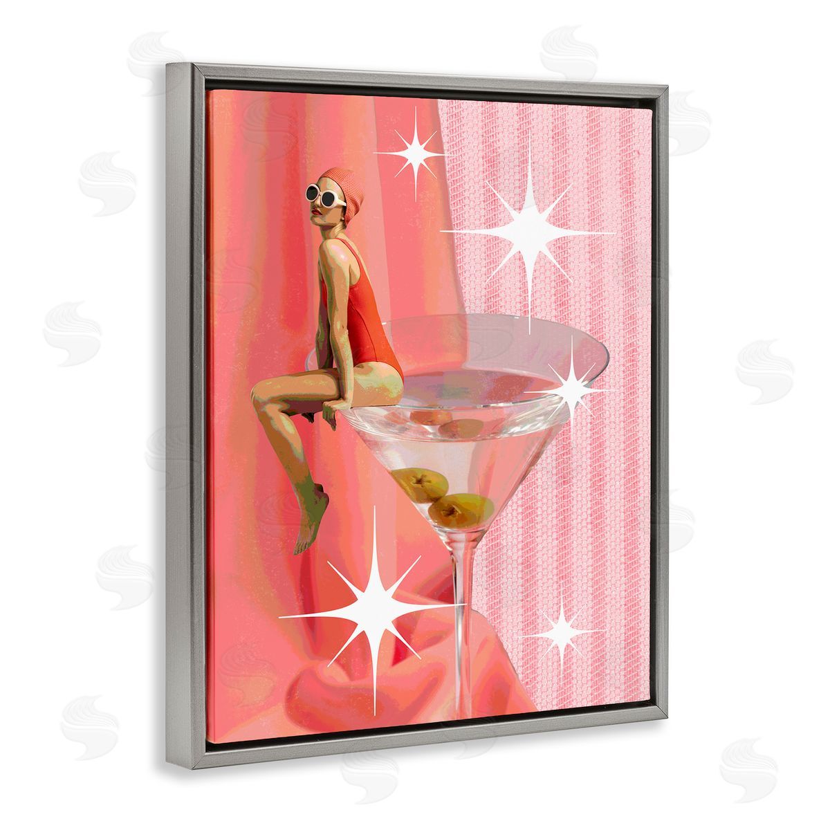 Vintage Swimmer on Drink Grey Floating Frame Canvas Wall Art, Home Decor by Stupell Studio