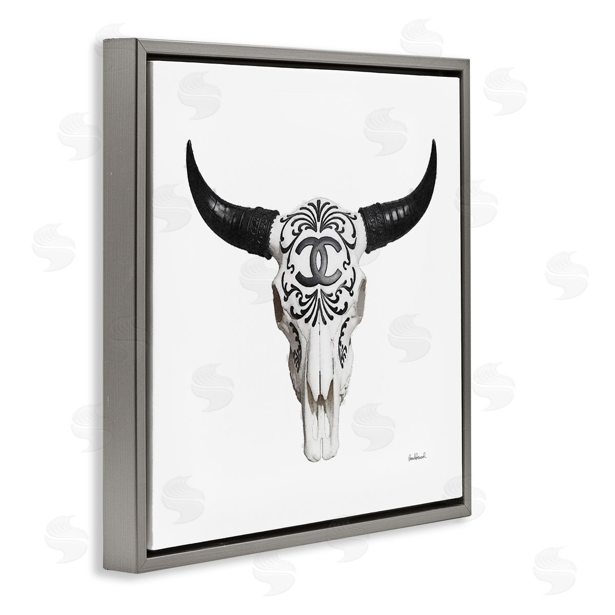 Glam Brand Cow Skull Grey Floating Frame Canvas Wall Art, Home Decor by Amanda Greenwood