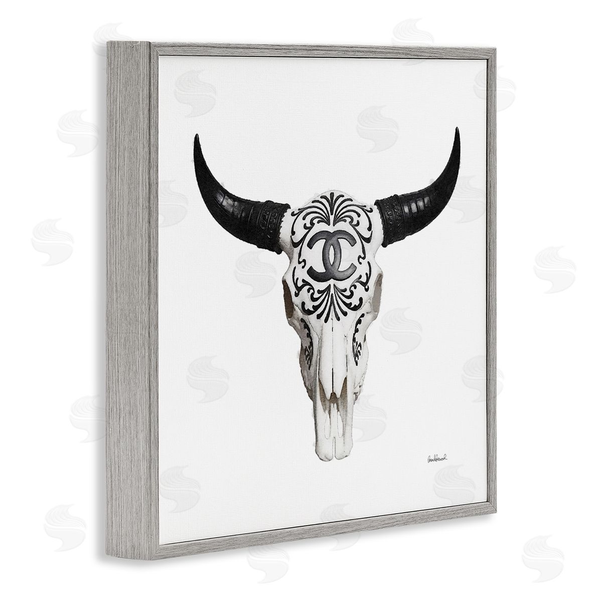 Glam Brand Cow Skull Grey Frame Print Wall Art, Home Decor by Amanda Greenwood