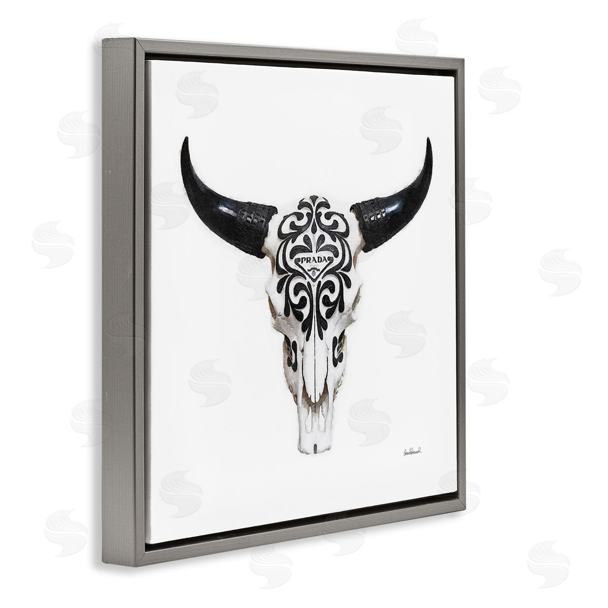 Fashion Brand Cow Skull Grey Floating Frame Canvas Wall Art, Home Decor by Amanda Greenwood