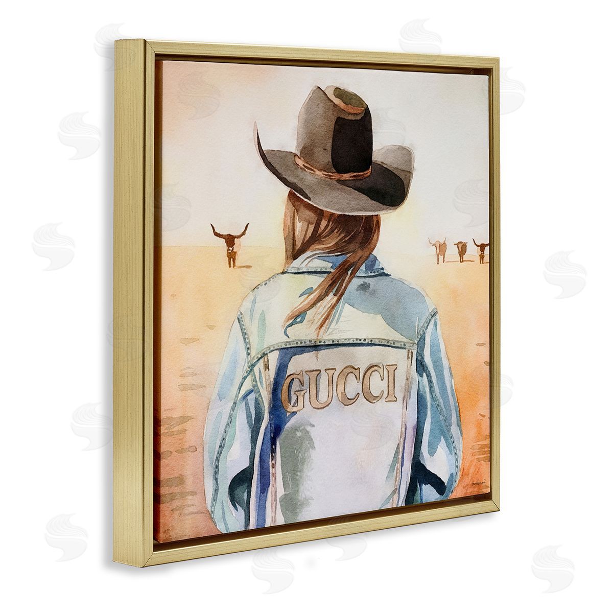 Fashionable Desert Cowgirl Gold Floating Frame Canvas Wall Art, Home Decor by Amanda Greenwood