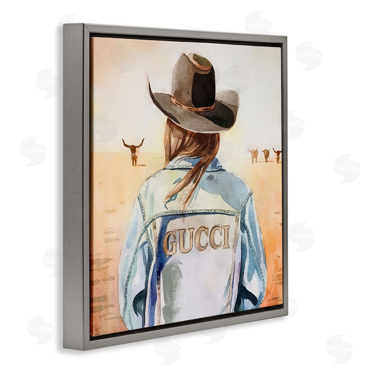 Fashionable Desert Cowgirl Grey Floating Frame Canvas Wall Art, Home Decor by Amanda Greenwood