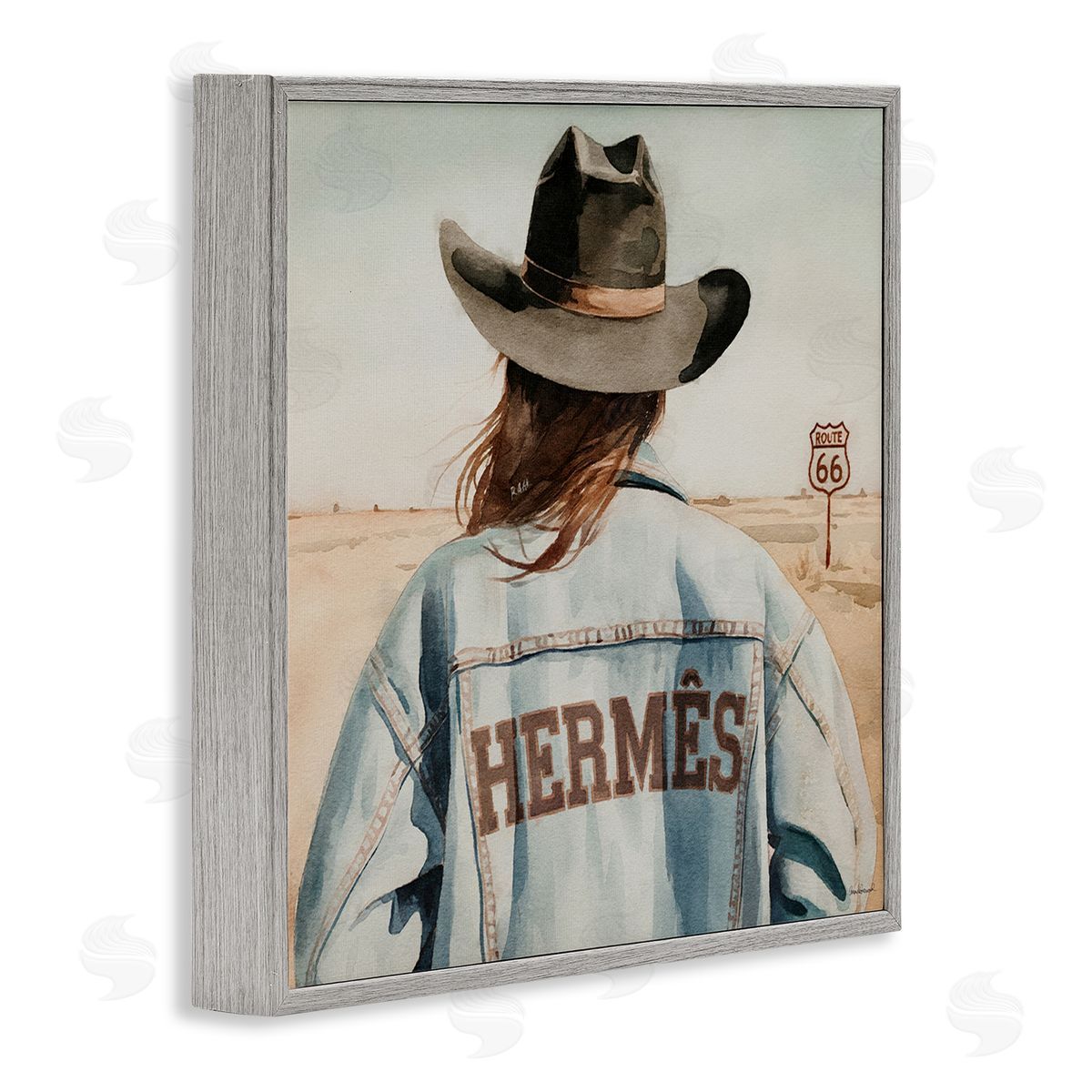 Trendy Cowgirl in Desert Grey Frame Print Wall Art, Home Decor by Amanda Greenwood