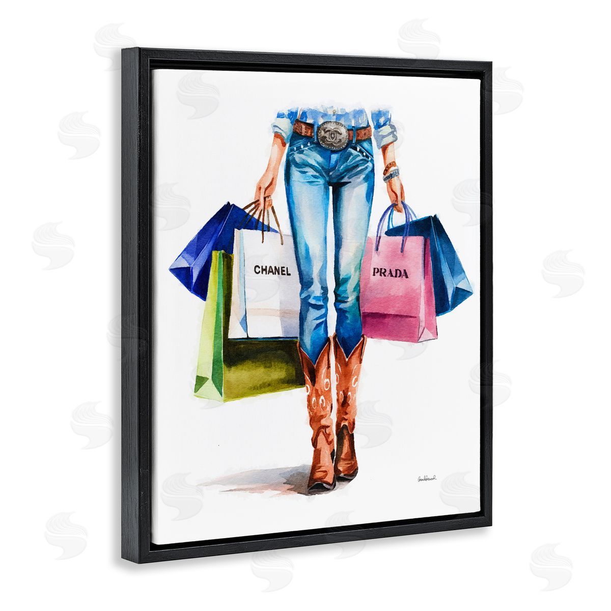 Country Girl Shopping Bags Black Floating Frame Canvas Wall Art, Home Decor by Amanda Greenwood