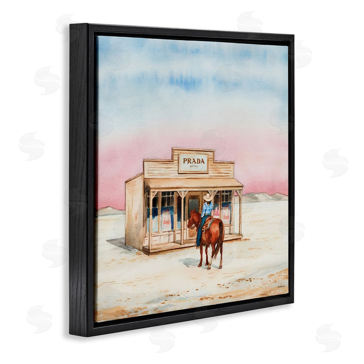 Cowgirl at Desert Shop Black Floating Frame Canvas Wall Art, Home Decor by Amanda Greenwood
