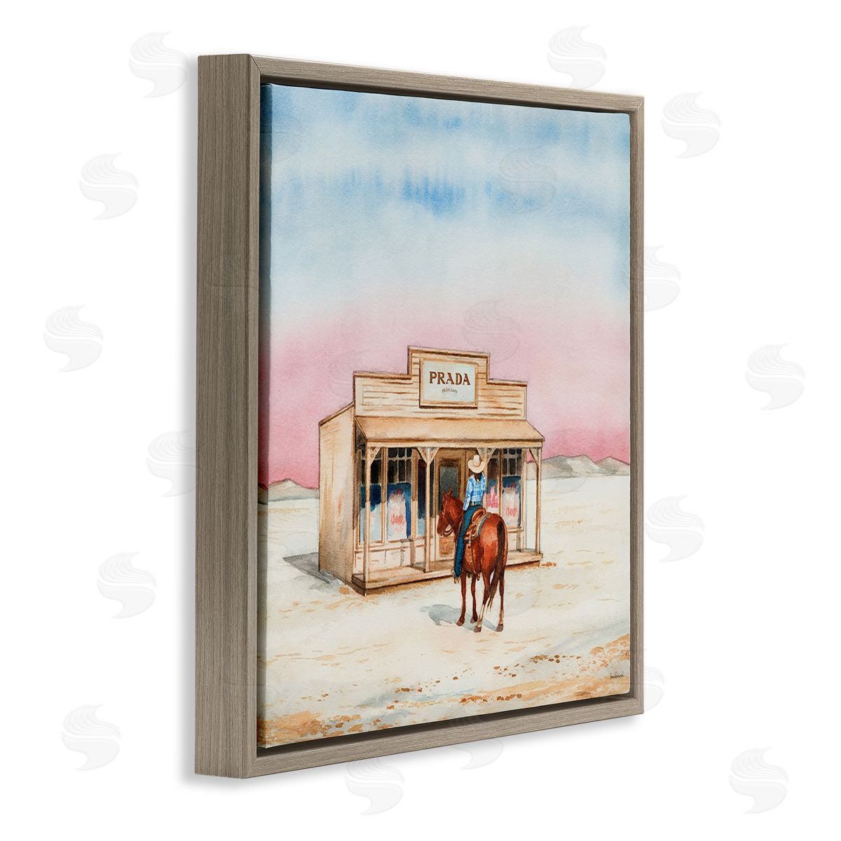 Cowgirl at Desert Shop Brown Floating Frame Canvas Wall Art, Home Decor by Amanda Greenwood