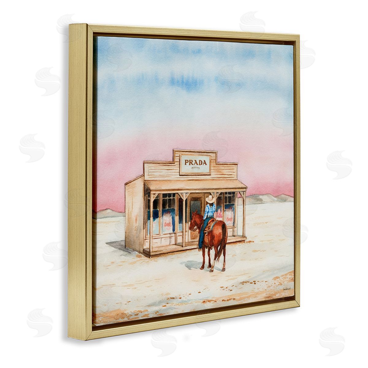 Cowgirl at Desert Shop Gold Floating Frame Canvas Wall Art, Home Decor by Amanda Greenwood
