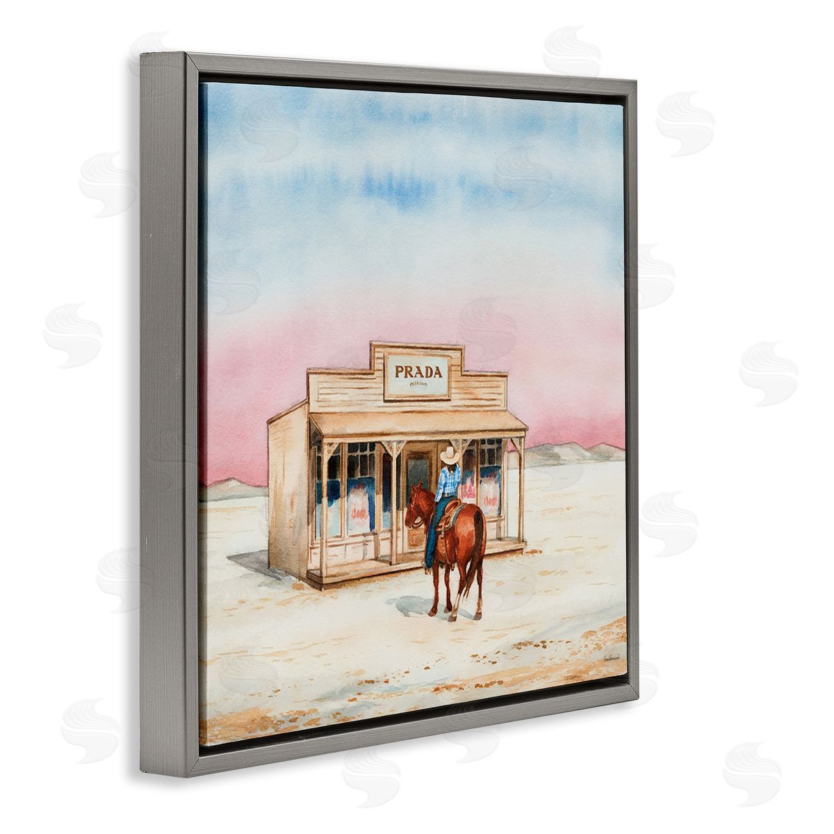 Cowgirl at Desert Shop Grey Floating Frame Canvas Wall Art, Home Decor by Amanda Greenwood