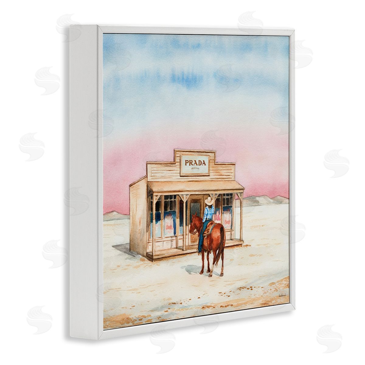 Cowgirl at Desert Shop White Frame Print Wall Art, Home Decor by Amanda Greenwood
