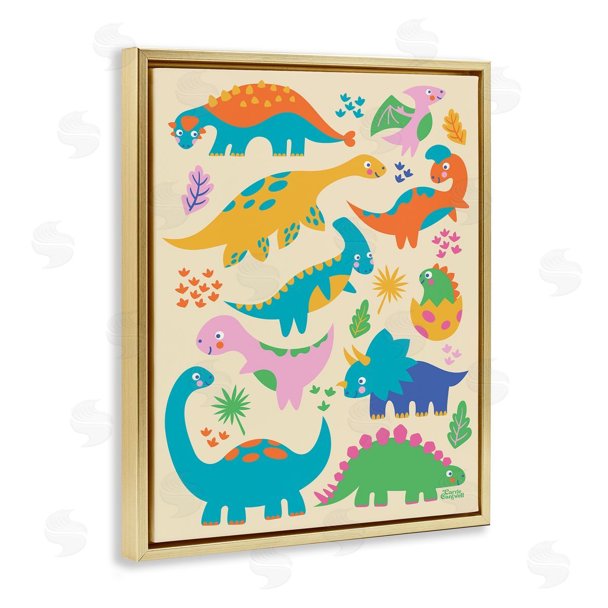 Cute Whimsy Dinos Gold Floating Frame Canvas Wall Art, Home Decor by Carrie Cantwell