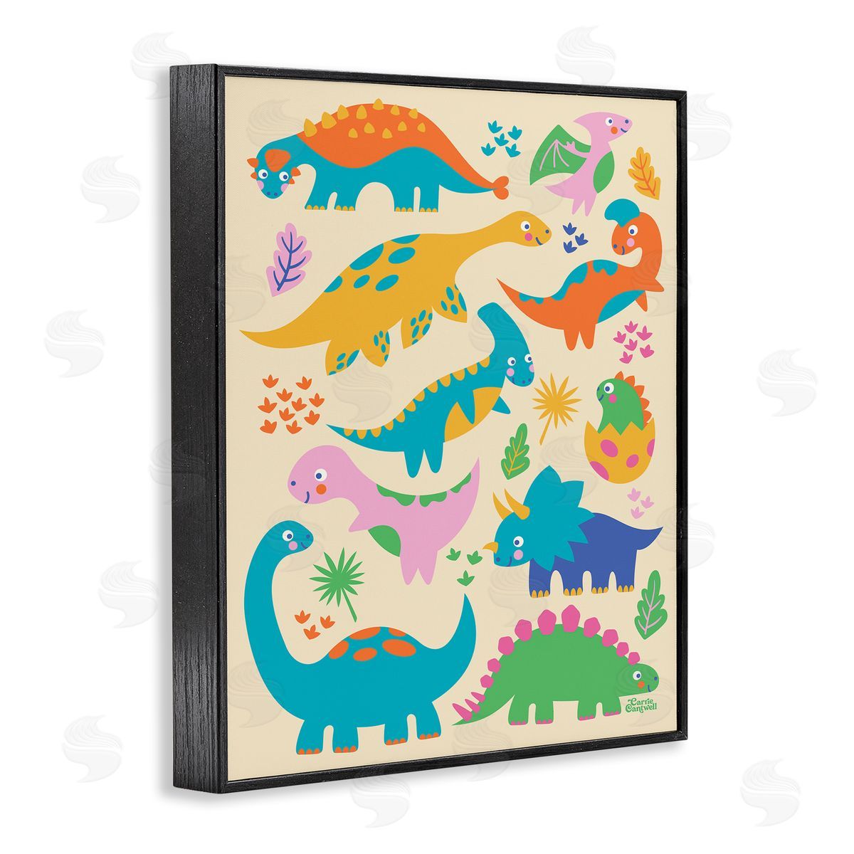 Cute Whimsy Dinos Black Frame Print Wall Art, Home Decor by Carrie Cantwell