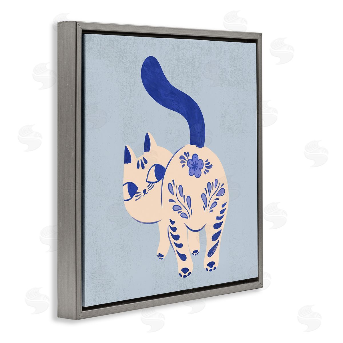 Purrcelin Patterned Cat Grey Floating Frame Canvas Wall Art, Home Decor by Carrie Cantwell