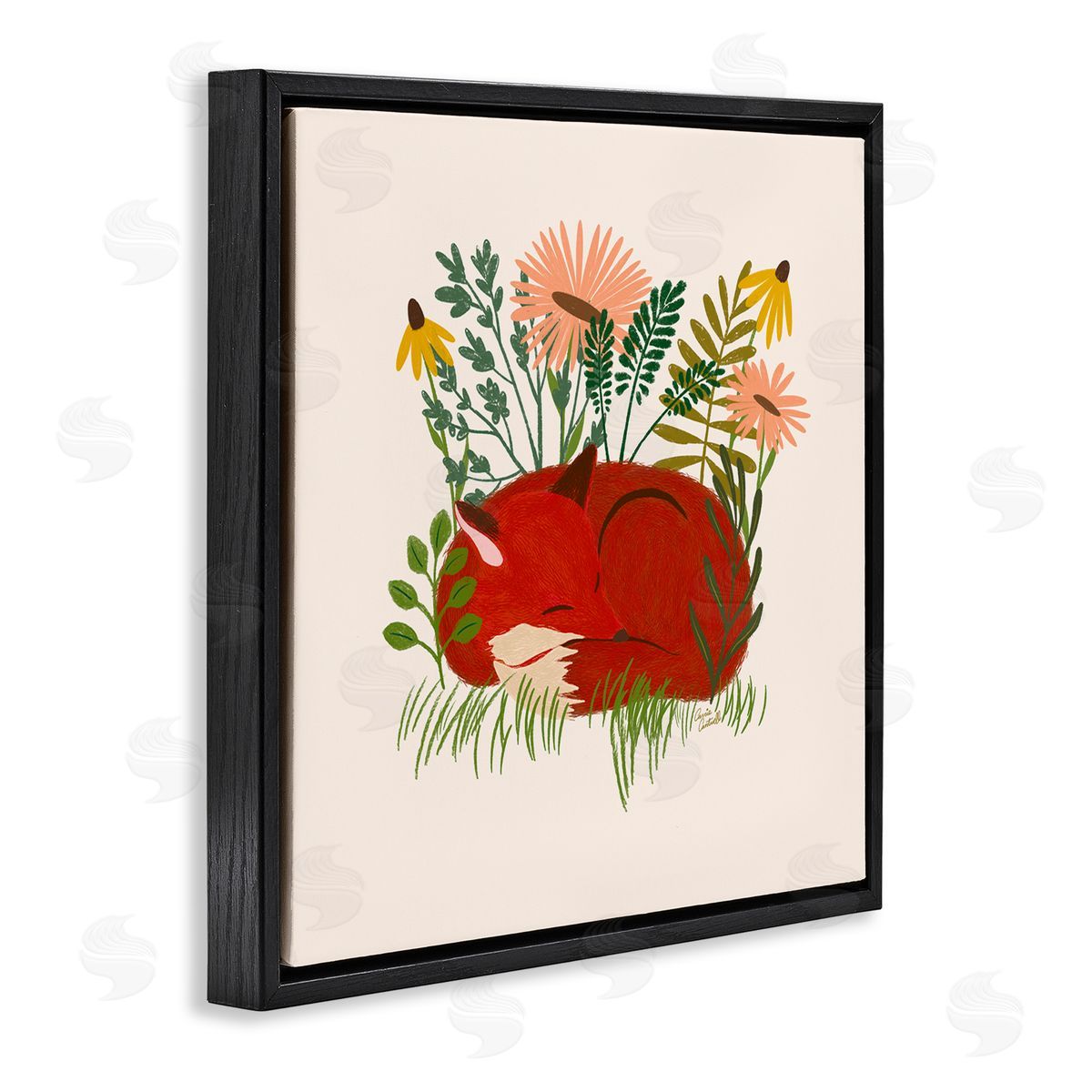 Sleeping Fox Among Daisies Black Floating Frame Canvas Wall Art, Home Decor by Carrie Cantwell