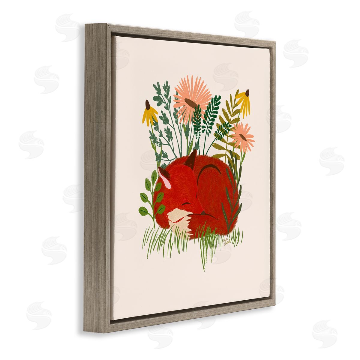 Sleeping Fox Among Daisies Brown Floating Frame Canvas Wall Art, Home Decor by Carrie Cantwell