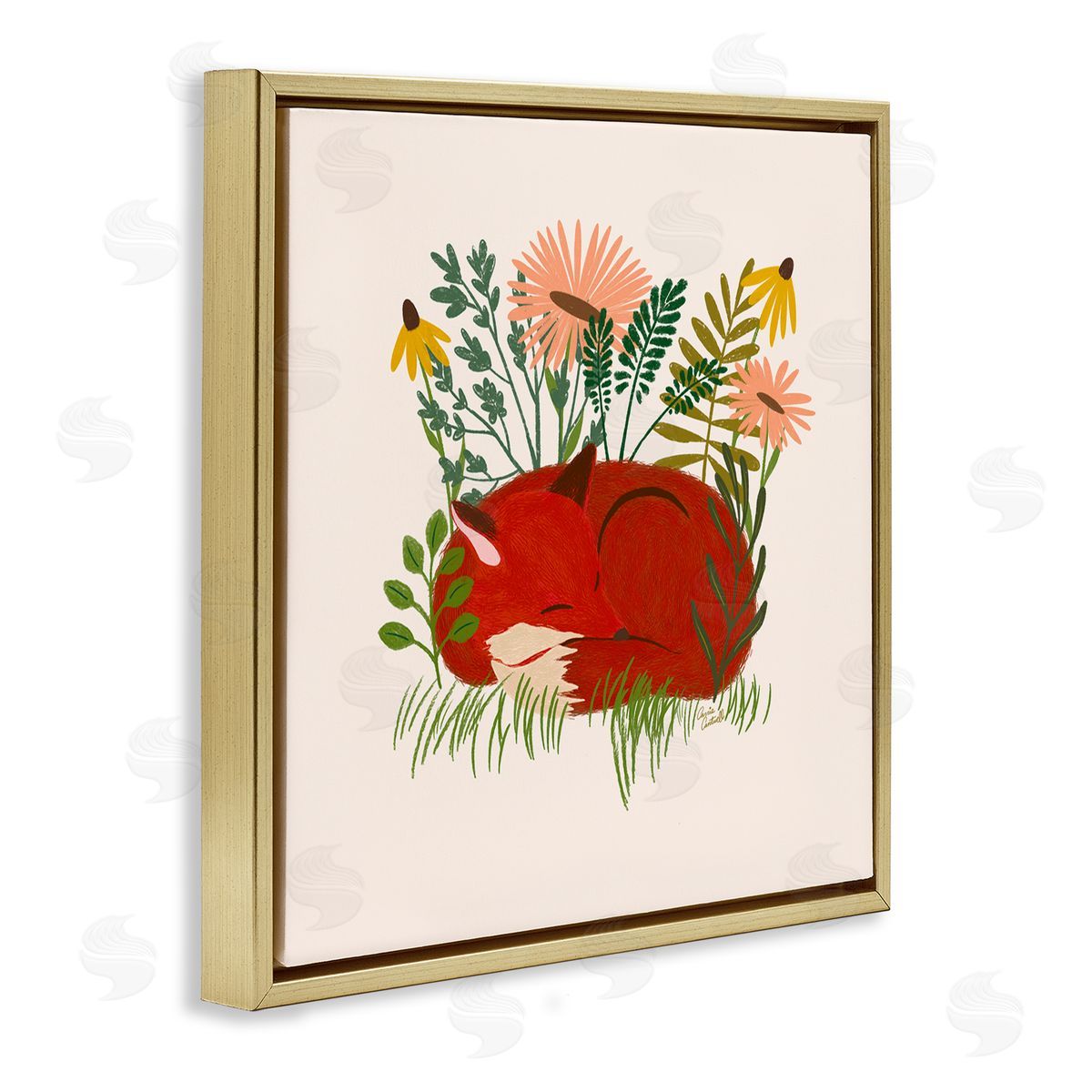 Sleeping Fox Among Daisies Gold Floating Frame Canvas Wall Art, Home Decor by Carrie Cantwell