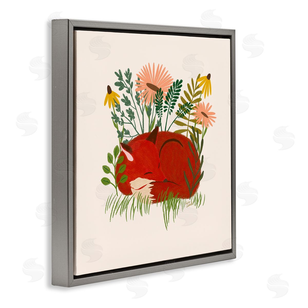 Sleeping Fox Among Daisies Grey Floating Frame Canvas Wall Art, Home Decor by Carrie Cantwell