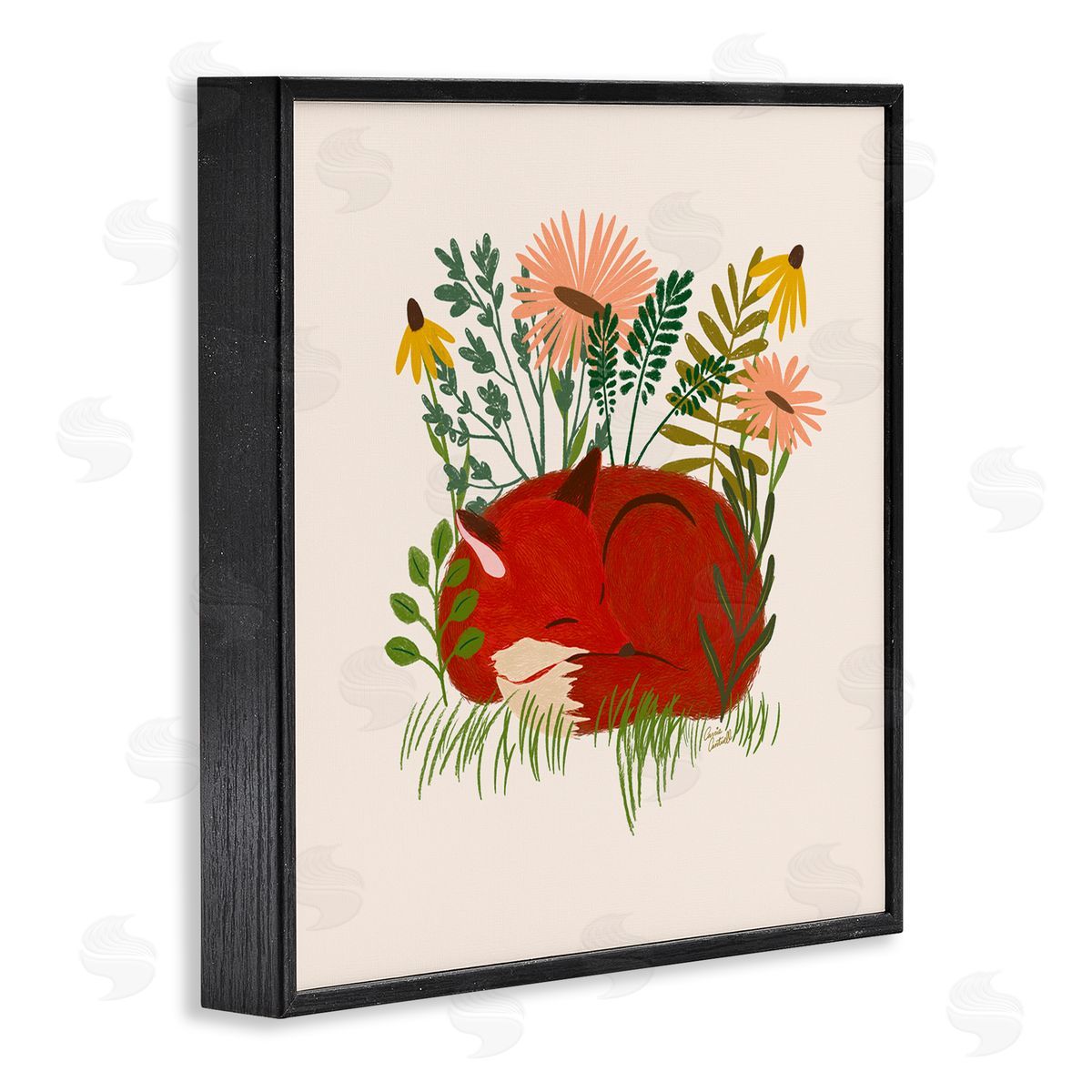 Sleeping Fox Among Daisies Black Frame Print Wall Art, Home Decor by Carrie Cantwell