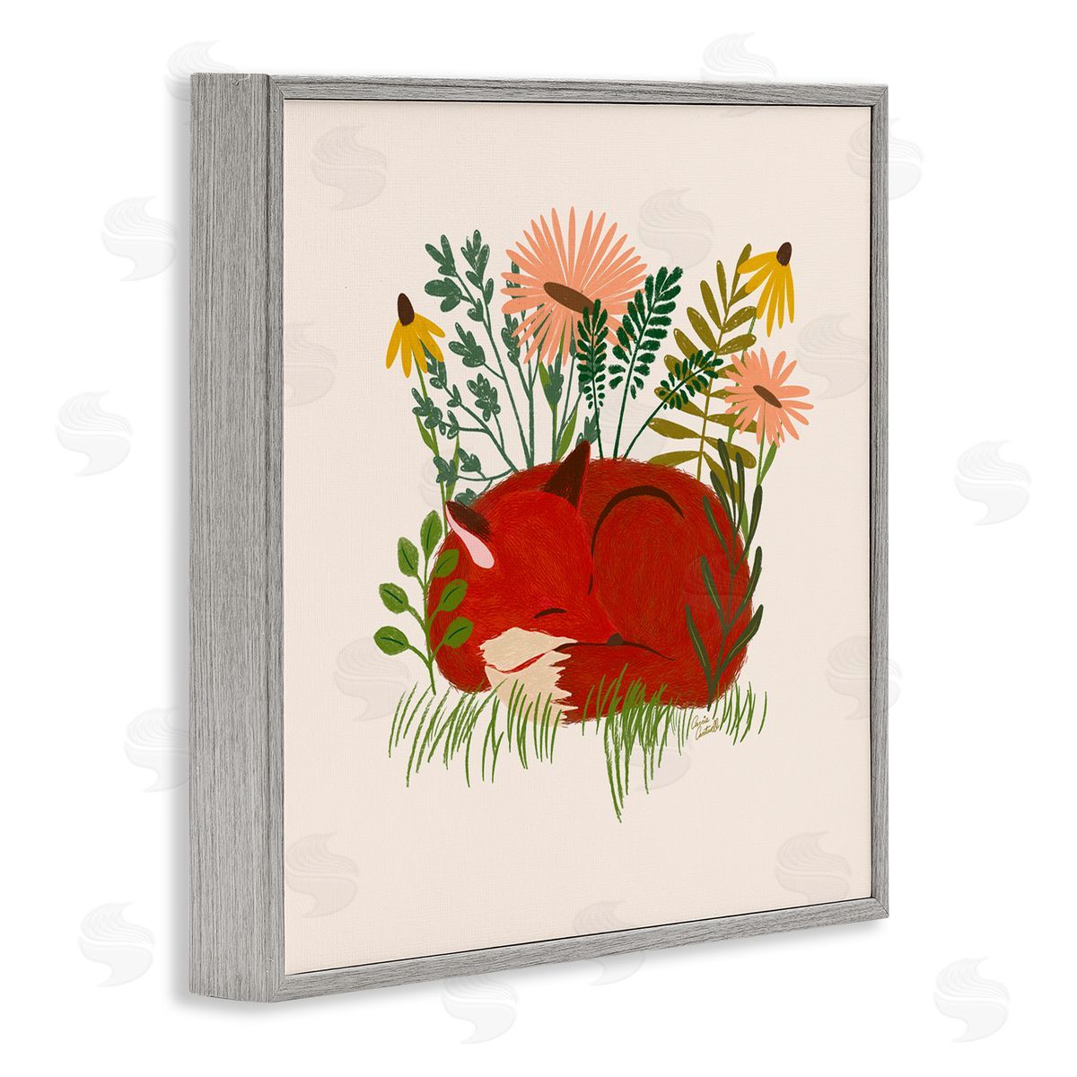 Sleeping Fox Among Daisies Grey Frame Print Wall Art, Home Decor by Carrie Cantwell