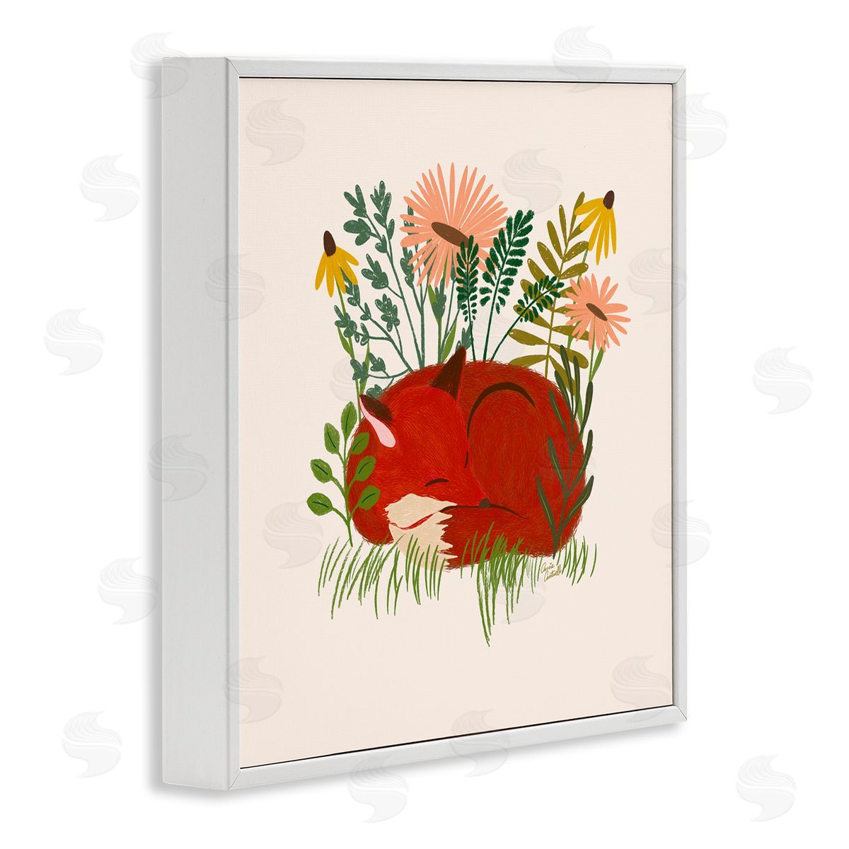 Sleeping Fox Among Daisies White Frame Print Wall Art, Home Decor by Carrie Cantwell