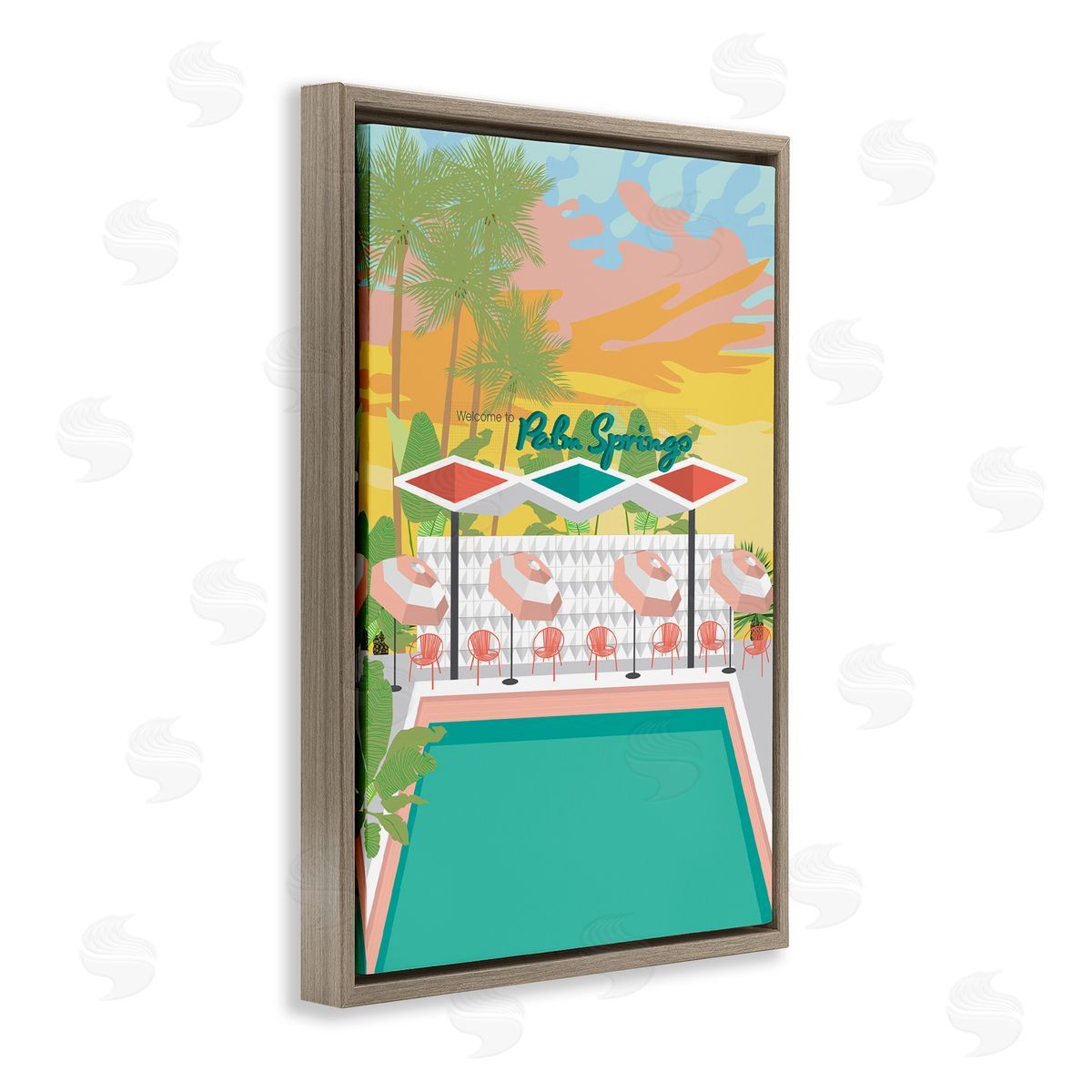 Palm Springs Pool Time Brown Floating Frame Canvas Wall Art, Home Decor by Jen Bucheli
