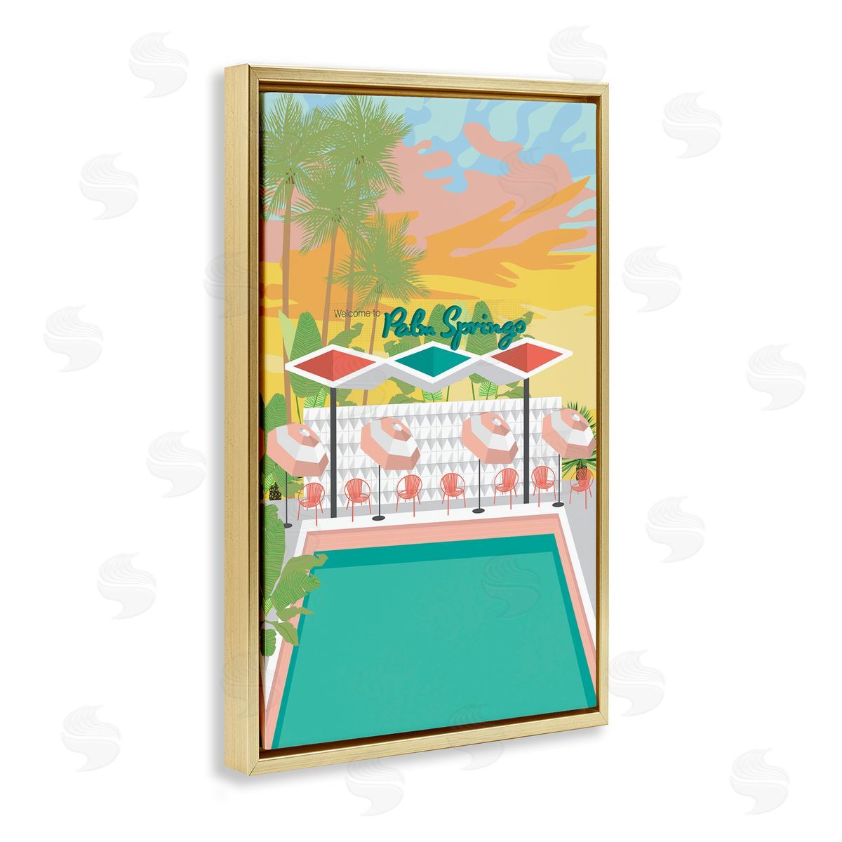 Palm Springs Pool Time Gold Floating Frame Canvas Wall Art, Home Decor by Jen Bucheli