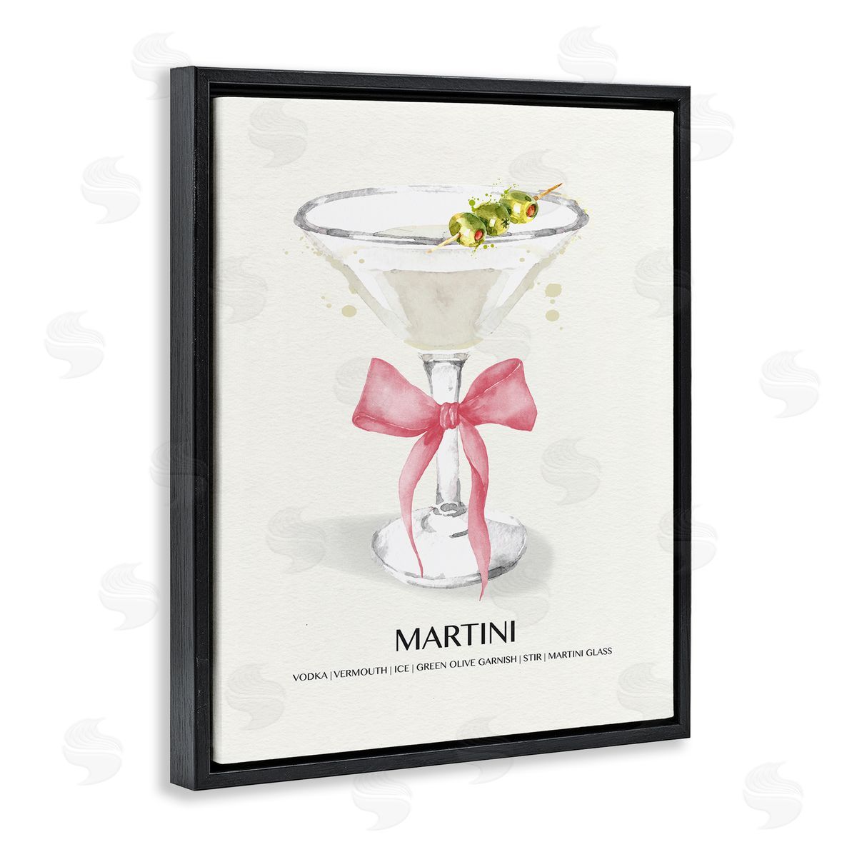 Pastel Martini with Bow Black Floating Frame Canvas Wall Art, Home Decor by Susan Jill