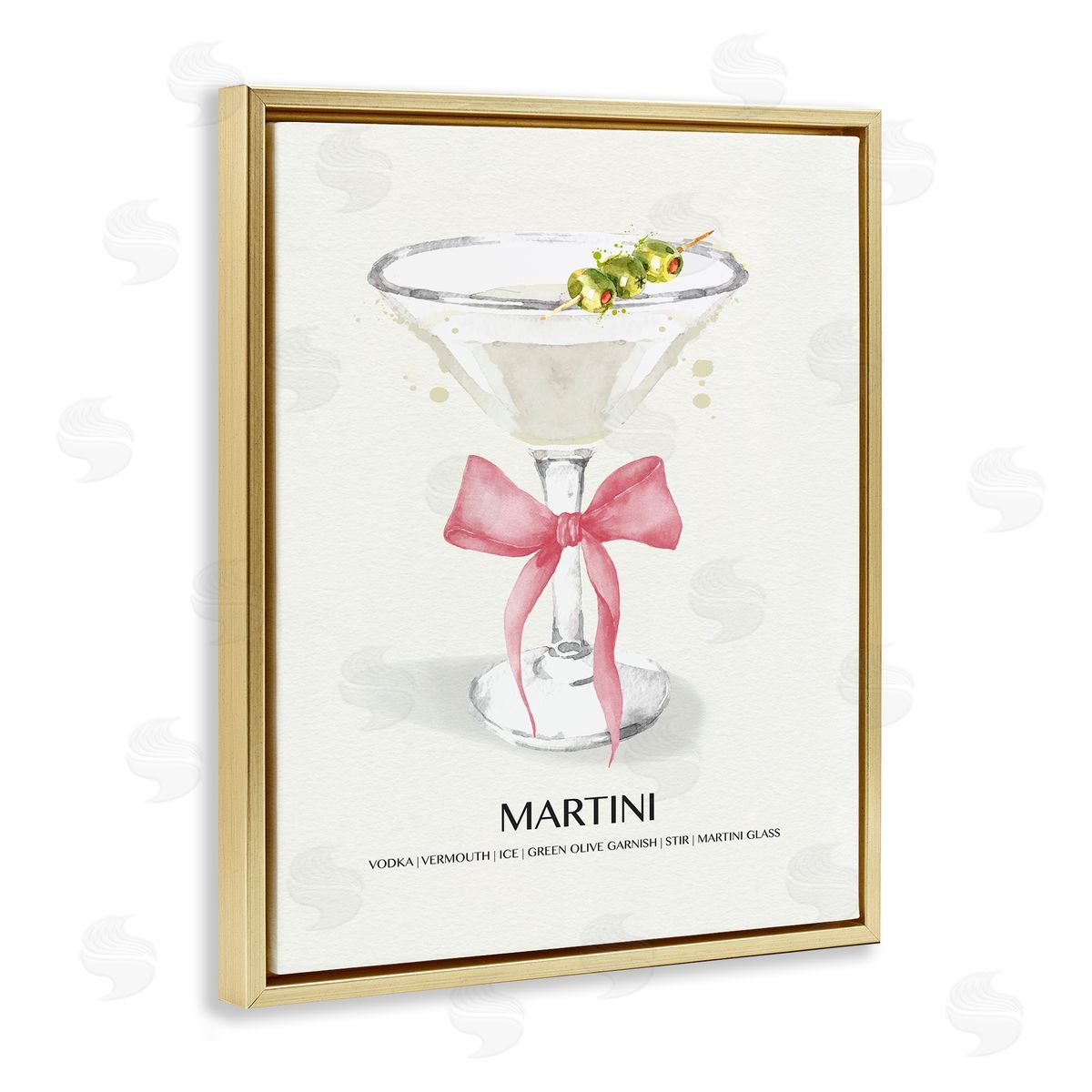 Pastel Martini with Bow Gold Floating Frame Canvas Wall Art, Home Decor by Susan Jill