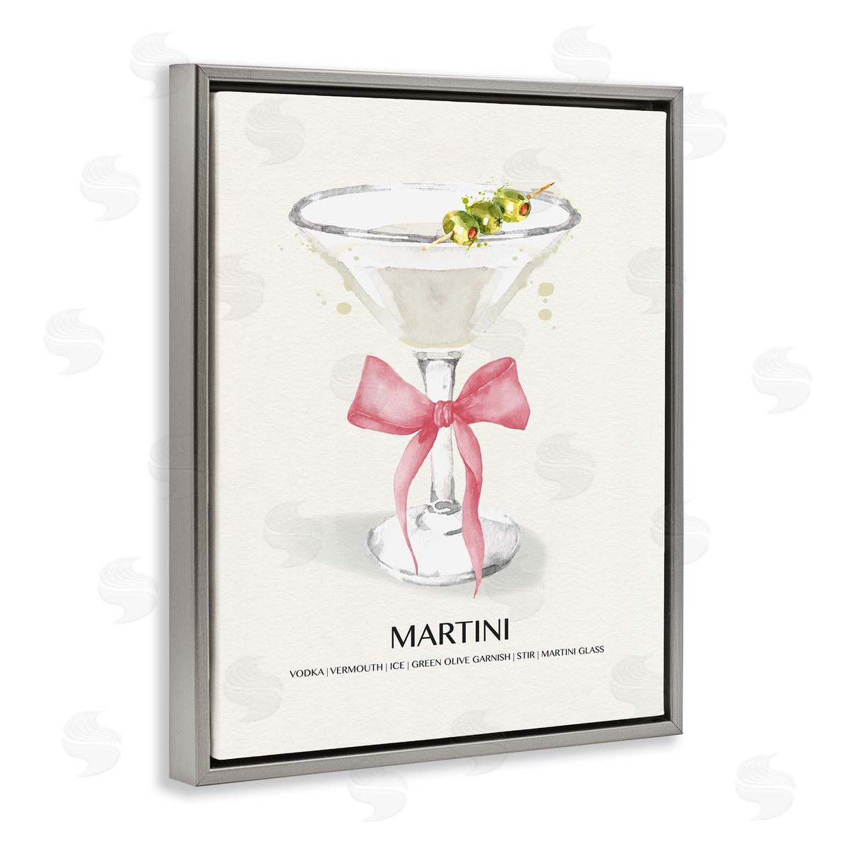 Pastel Martini with Bow Grey Floating Frame Canvas Wall Art, Home Decor by Susan Jill