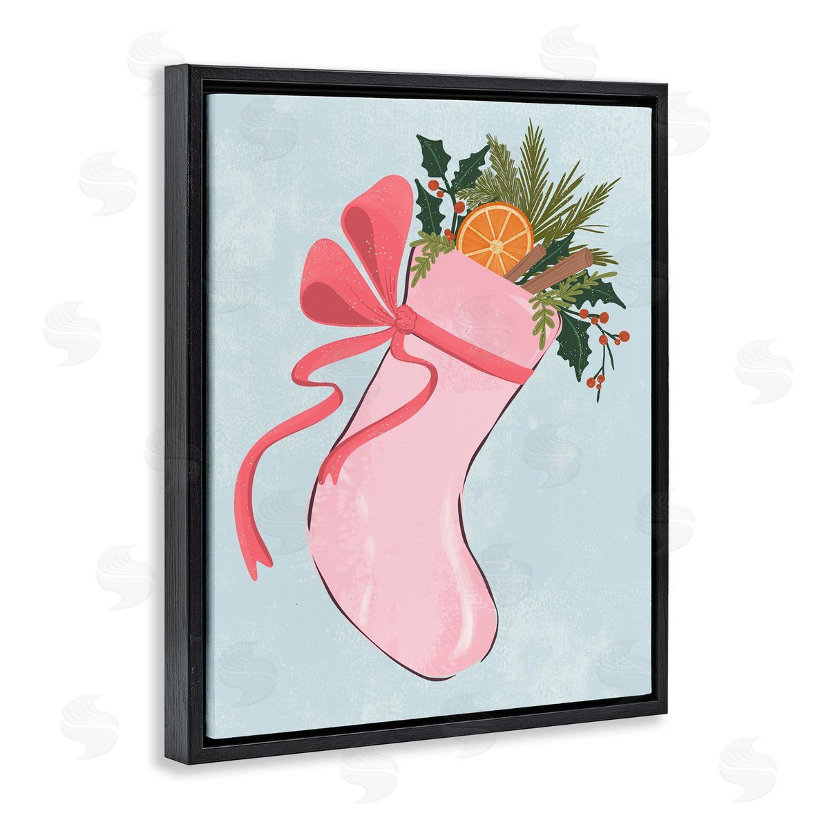 Pink Filled Holiday Stocking Black Floating Frame Canvas Wall Art, Home Decor by Nikita Jariwala