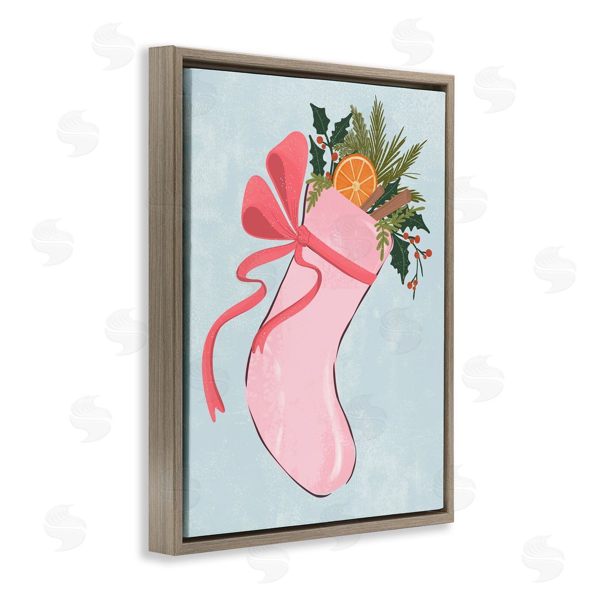 Pink Filled Holiday Stocking Brown Floating Frame Canvas Wall Art, Home Decor by Nikita Jariwala
