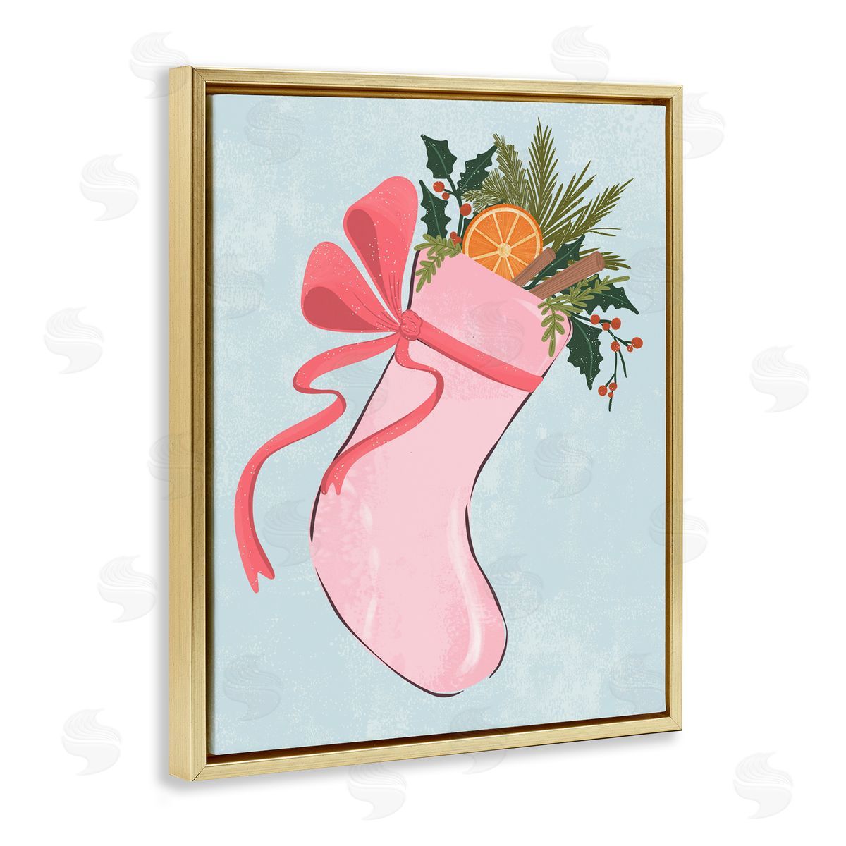 Pink Filled Holiday Stocking Gold Floating Frame Canvas Wall Art, Home Decor by Nikita Jariwala