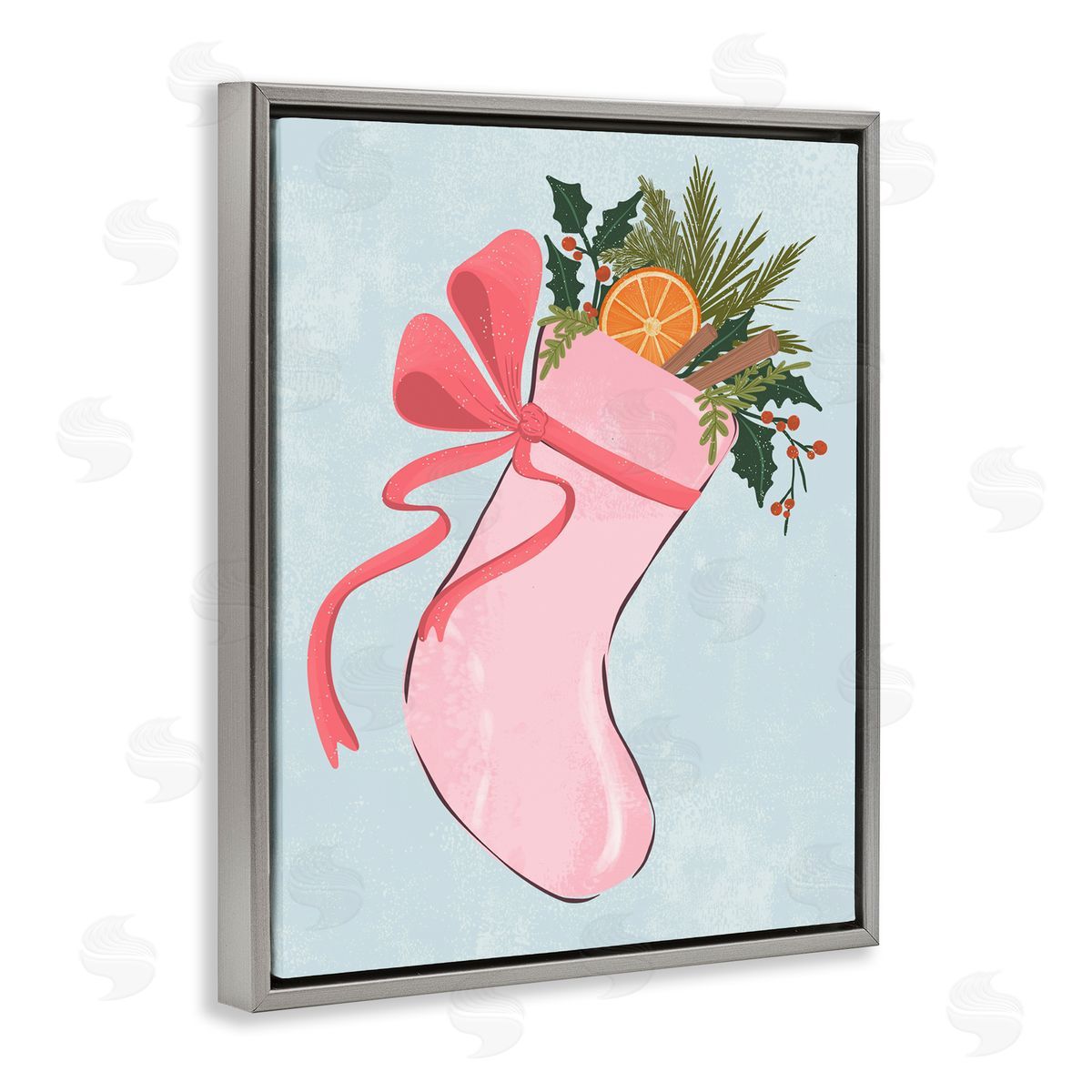 Pink Filled Holiday Stocking Grey Floating Frame Canvas Wall Art, Home Decor by Nikita Jariwala